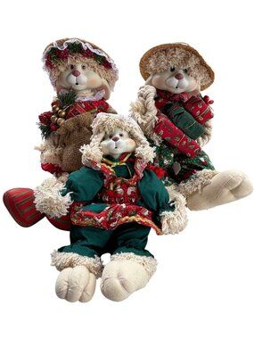 Set of 3 House of Lloyd Christmas Holiday Rabbit Dolls w/Straw hats 14.5-15.5"H